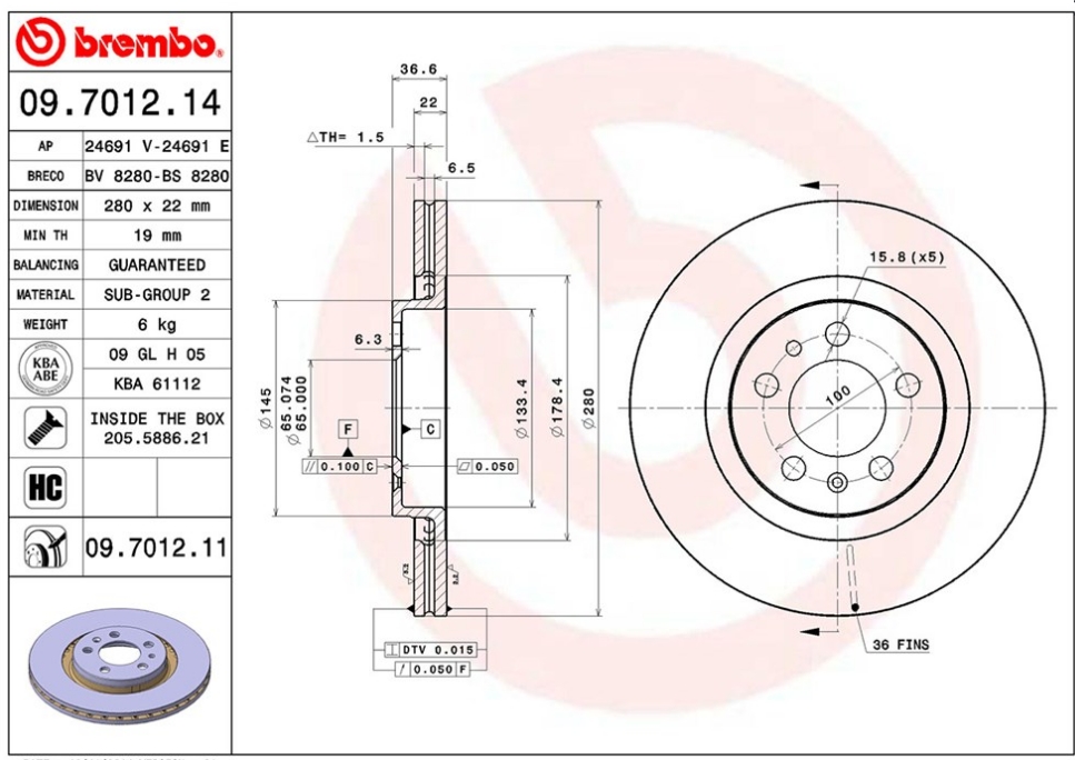 DISK PREDNJI VENTILIRAJUĆI AUDI A3 SEAT LEON TOLEDO ŠKODA OCTAVIA 2 22X280 BREMBO - 09.7012.11 - 1J0615301E-M-P - 09.7012.11