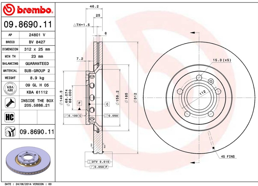 DISK PREDNJI VENTILIRAJUĆI AUDI A4 A6 SEAT ŠKODA VW 25X312 BREMBO - 09.8690.11 - 8D0615301R - 09.8690.11