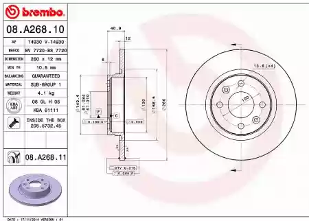 DISK PREDNJI DACIA LOGAN SANDERO RENO TWINGO 259x12 2004- BREMBO 7701208252, 08.A268.10