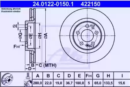 Disk prednji ventilirajući 22X280 Audi A3, Golf 4, 1997- ATE