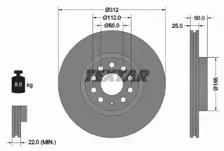 Disk prednji ventilirajući 25X312 VW PASAT Golf 5 TEXTAR, 1K