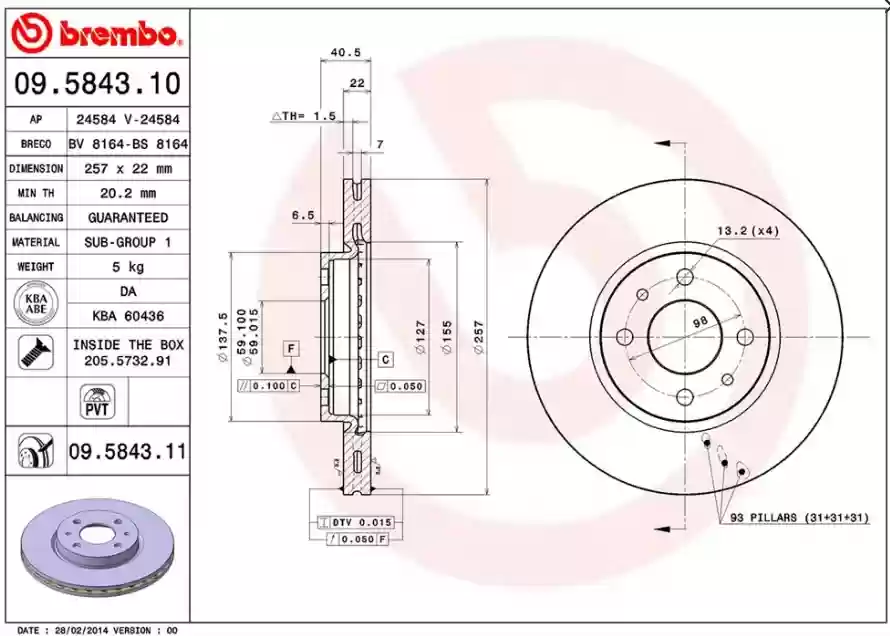 DISK PREDNJI VENTILIRAJUCI ALFA ROMEO MITO CITROEN NEMO FIAT 500 257x22 BREMBO 60812137-46401356, 09
