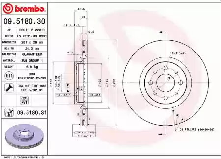 DISK PREDNJI VENTILIRAJUCI ALFA ROMEO MITO FIAT BRAVO 2 LANCIA DELTA 3 281x26 BREMBO 46535086, 09.51