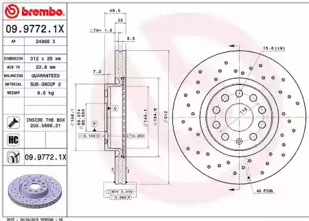 DISK PREDNJI VENTILIRAJUĆI AUDI A1 A3 SEAT ŠKODA KAROQ KODIAQ 25X312 BREMBO 1K0615301AA, 09.9772.1X