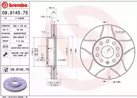 DISK PREDNJI VENTILIRAJUĆI  AUDI A3 SEAT ALTEA LEON ŠKODA OCTAVIA VW G5 25X288 BREMBO 1K0615301T, 09