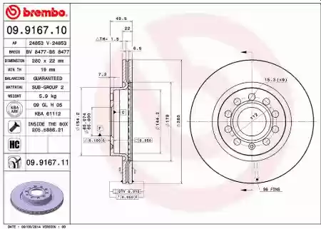DISK PREDNJI VENTILIRAJUĆI AUDI A3 SEAT LEON TOLEDO 3 SKODA OCTAVIA 3 VW GOLF 22X280 BREMBO 1K061530