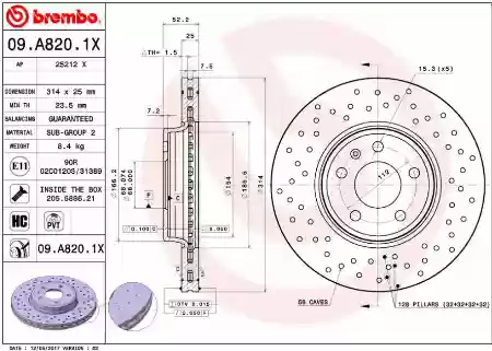 DISK PREDNJI VENTILIRAJUĆI AUDI A4 A5 ALLROAD B8 B9 25X314 BREMBO 8K0615301, 09.A820.1X