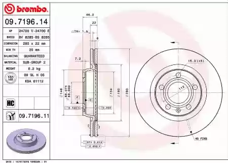 DISK PREDNJI VENTILIRAJUĆI AUDI A4 SEAT EXEO VW PASAT B5 22X280 BREMBO 8E0615301B-P, 09.7196.11