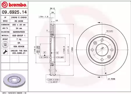 DISK PREDNJI VENTILIRAJUĆI CITROEN XANTIA 1995-2003 284x22 BREMBO, 5569025-55700922, 09.4939.31