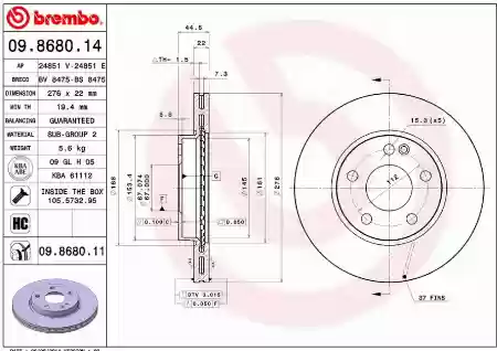 DISK PREDNJI VENTILIRAJUĆI MERCEDES A-CLASS B-CLASS 276x22 BREMBO 1694210112, 09.8680.11