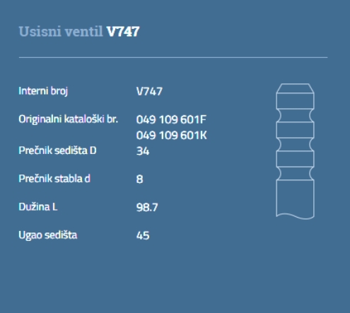VENTIL USISNI AUDI 80 1,3 VW JETTA PASAT 1.6 BENZIN -1984 AUTOVENTIL - VEN09 - 049109601K - V747