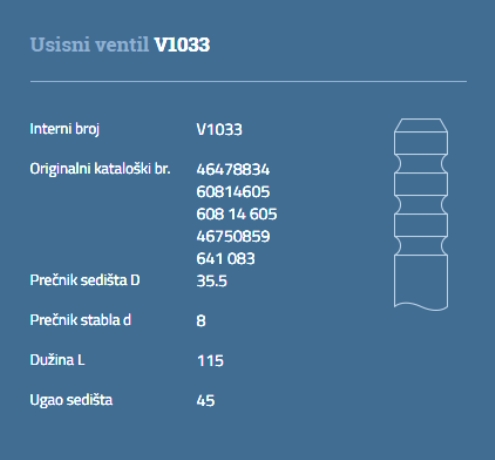 VENTIL USISNI FIAT LANCIA ALFA ROMEO1.9 DT 8V AUTOVENTIL - V 1033 - 0641089 - V1033