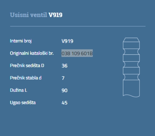 VENTIL USISNI VW AUDI SEAT ŠKODA AMF AUTOVENTIL - V919 - 038109601B - V919